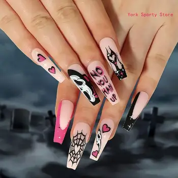 24 штуки накладных ногтей Хэллоуин Череп Пауки Сетка Полное покрытие накладных ногтей DIY Пресс для ногтей Профессиональные принадлежности для женщин