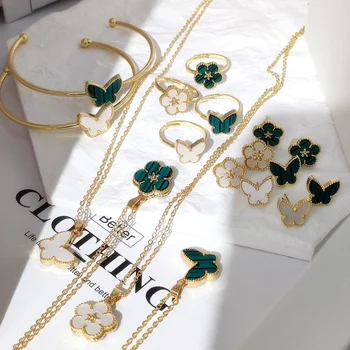 HANGZHI, 3 шт./компл., классический зелено-белый двусторонний набор металлических украшений с цветочным узором бабочки для женщин, подарок для вечеринки для девочек
