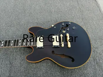 Rhxflame, маленький размер 339, полуполый корпус, черная джазовая гитара, двойные отверстия F, желтый переплет, золото ,