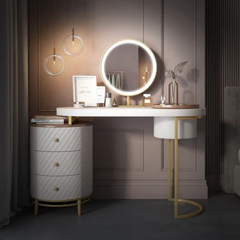 Белый современный туалетный столик, столик для макияжа с зеркалом со светодиодной подсветкой, туалетный столик с подвижной столешницей, 4 выдвижных ящика из массива дерева