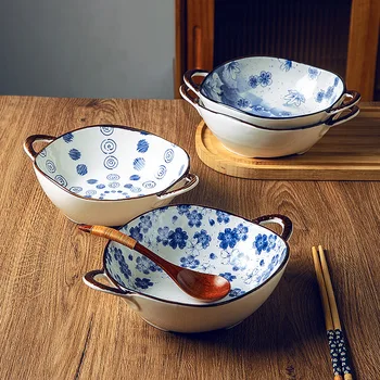 Винтажная керамическая чаша для лапши с голубым цветком Цзиндэчжэнь Ручная роспись посуды Бинауральная салатница керамическая миска