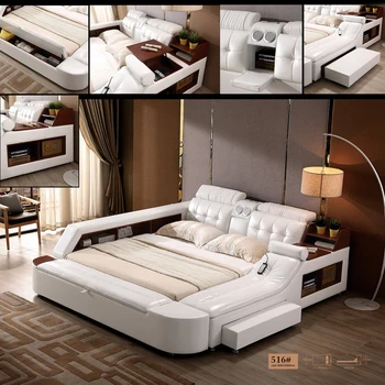 Высокотехнологичный многофункциональный каркас кровати с натуральной кожей, Bluetooth-динамиком и массажером Ultimate Tatami Camas с мягкой подсветкой