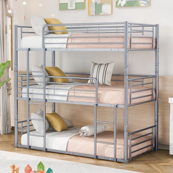 Двухместная трехместная кровать со встроенной лестницей, разделенная на три отдельные кровати, серая