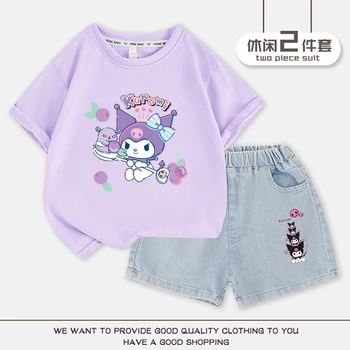 Детская футболка Kuromi с милым рисунком, комплект джинсовых шорт, летний хлопковый топ с коротким рукавом Kawaii, 2 шт./компл., футболка и шорты