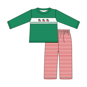Детский комплект рождественской одежды с изображением Санта-Клауса, елки и грузовика, детские наряды с круглым воротником и длинными штанами для мальчиков, бутик