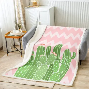 Детское одеяло с кактусами, Ботаническое одеяло для кровати с тропическими растениями, Декор спальни для девочек и мальчиков для взрослых, Геометрические волны розового цвета