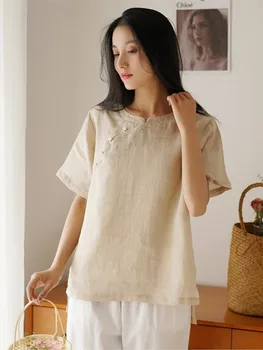 Женская летняя новинка 2023 года из китайского хлопка и конопли, топ с коротким рукавом Ramie, футболка в стиле ретро с вышивкой