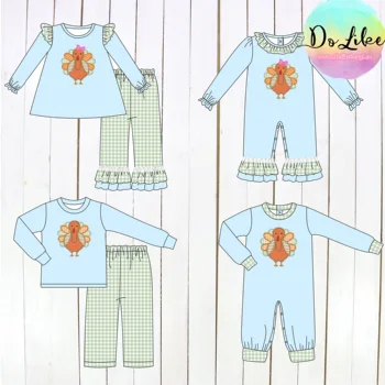 Индивидуальный дизайн детского костюма с рисунком индейки вокруг воротника, детские комплекты, одежда для девочек с длинными рукавами для детей от 2 до 14 лет