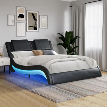 Каркас кровати-платформы, Обитый искусственной Кожей, со светодиодной подсветкой, вибрационный массаж спинки, Изогнутый Дизайн, Опора из Деревянных Планок, King