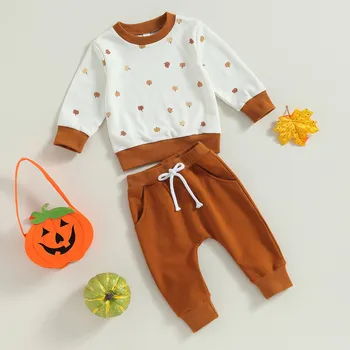 Комплекты брюк для малышей и мальчиков из 2 предметов осенней одежды, толстовка с длинными рукавами в виде тыквы, топы и штаны на завязках, детские вещи, одежда