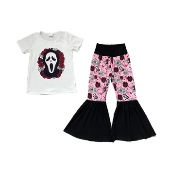 Комплекты для маленьких девочек из натуральной кожи с короткими рукавами, расклешенные брюки с цветочным принтом для девочек, наряды на Хэллоуин