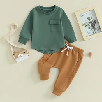 Комплекты штанов из 2 предметов для маленьких мальчиков, однотонная толстовка с длинными рукавами и штаны на завязках