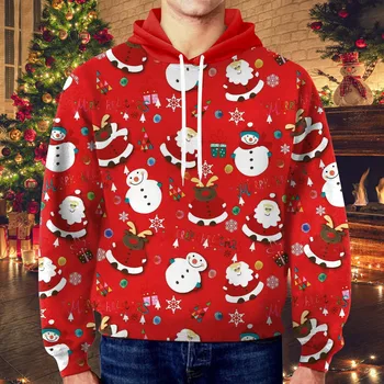 Мужская зимняя толстовка с капюшоном с рождественским принтом, повседневные спортивные свободные толстовки, пуловер оверсайз с длинными рукавами на завязках для мужчин
