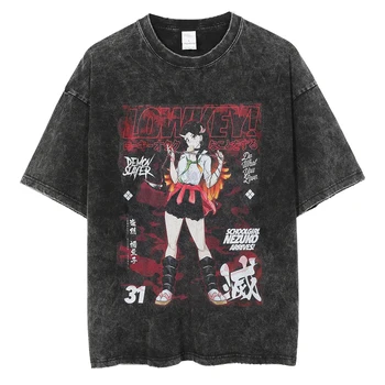 Мужская уличная одежда в стиле хип-хоп, футболка оверсайз, женская футболка с графикой Demon Slayer, летние футболки с японским аниме для девочек