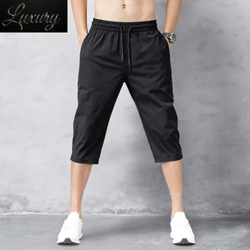 Мужские шорты Летние Бриджи 2023, Тонкие нейлоновые брюки длиной 3/4, мужские бермуды, быстросохнущие пляжные Черные Длинные
