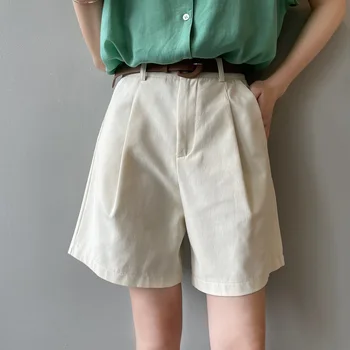 Новые женские шорты с высокой талией в корейском стиле, Летние Тонкие Свободные шорты с прямыми штанинами, широкие шорты, Повседневные короткие брюки в складку