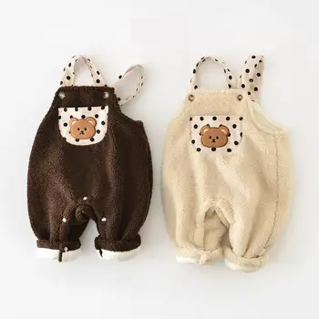 Осенне-зимний утепленный комбинезон для новорожденных, утепленный бархатом Комбинезон для мальчиков с карманными подтяжками с мультяшным медведем, комбинезон для девочек, детские штаны