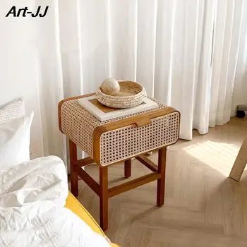 Прикроватный столик из ротанга в скандинавском стиле из массива дерева, Винтажный журнальный столик ручной работы, столик для гостиной, диван, Приставной столик, Домашний Ретро-шкафчик