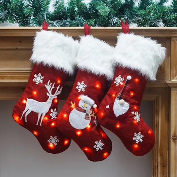 Рождественский чулок, Красная снежинка со светодиодной подсветкой, Рождественские носки, украшения для Рождественской елки, Рождественские подарочные пакеты, Новый 2023 год
