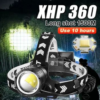 Самая мощная светодиодная фара XHP360, перезаряжаемая через USB, налобный фонарь с зумом высокой мощности, Уличный Водонепроницаемый фонарь для кемпинга и рыбалки