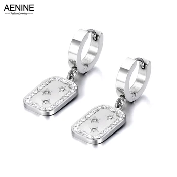 Серьги-кольца AENINE из нержавеющей стали с фианитами, модные украшения в виде геометрических прямоугольников для женщин, бесплатная доставка AE22075