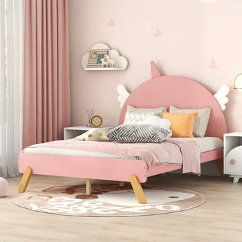Симпатичная деревянная кровать с изголовьем в форме единорога, полноразмерная кровать-платформа, розовая