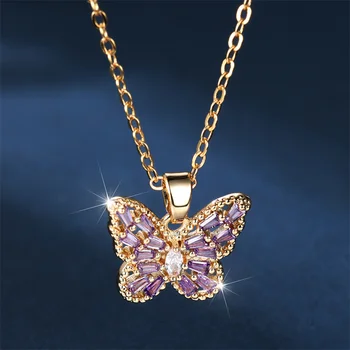Симпатичное женское ожерелье с фиолетовой бабочкой, ожерелье с кристаллами золотого цвета для женщин, очаровательное свадебное ожерелье из белого желтого камня