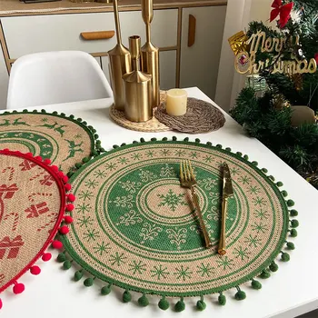 Тканый коврик для обеденного стола с круглым рисунком в стиле ретро, Джутовая салфетка с термостойким шерстяным шариком, Рождественские Домашние декоративные коврики для кофейных чашек