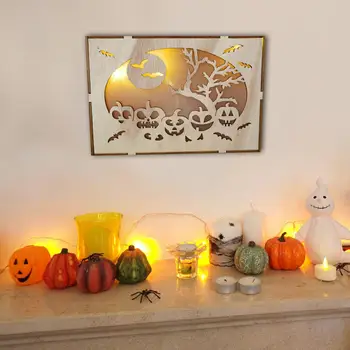 Украшение для Хэллоуина на полке Очаровательное деревянное световое украшение для Хэллоуина, Полая тыква, летучая мышь, увядшее дерево, праздничное украшение