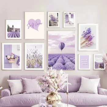 Фиолетовый цветок лаванды, трава, скандинавский пейзаж, настенное искусство, картина на холсте, современный плакат и принт для домашнего декора стен