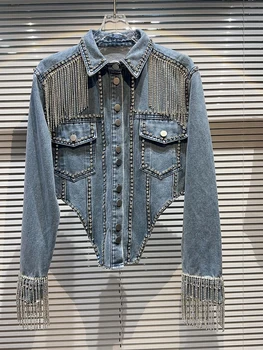 Хай-СТРИТ, Новейшее Модное дизайнерское ковбойское короткое пальто 2023 года, женская джинсовая куртка с нерегулярными потрясающими бриллиантами и кисточками из бисера