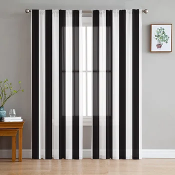 Черно-белые полосы с принтом Прозрачные оконные панели Шторы Комната для гостиной Спальня Кухня Шифоновые тюлевые шторы